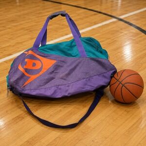 RARE Vintage Dunlop Duffel Bag Unisex Large Purple Teal 90s Nylon Wet Pocket Gym